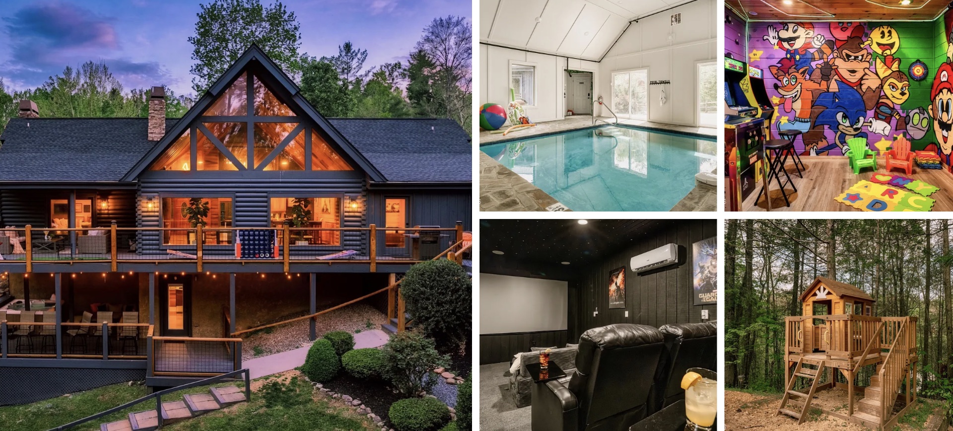 The cabin after its renovation, alongside the indoor pool, arcade room, theater room, and treehouse that were added.